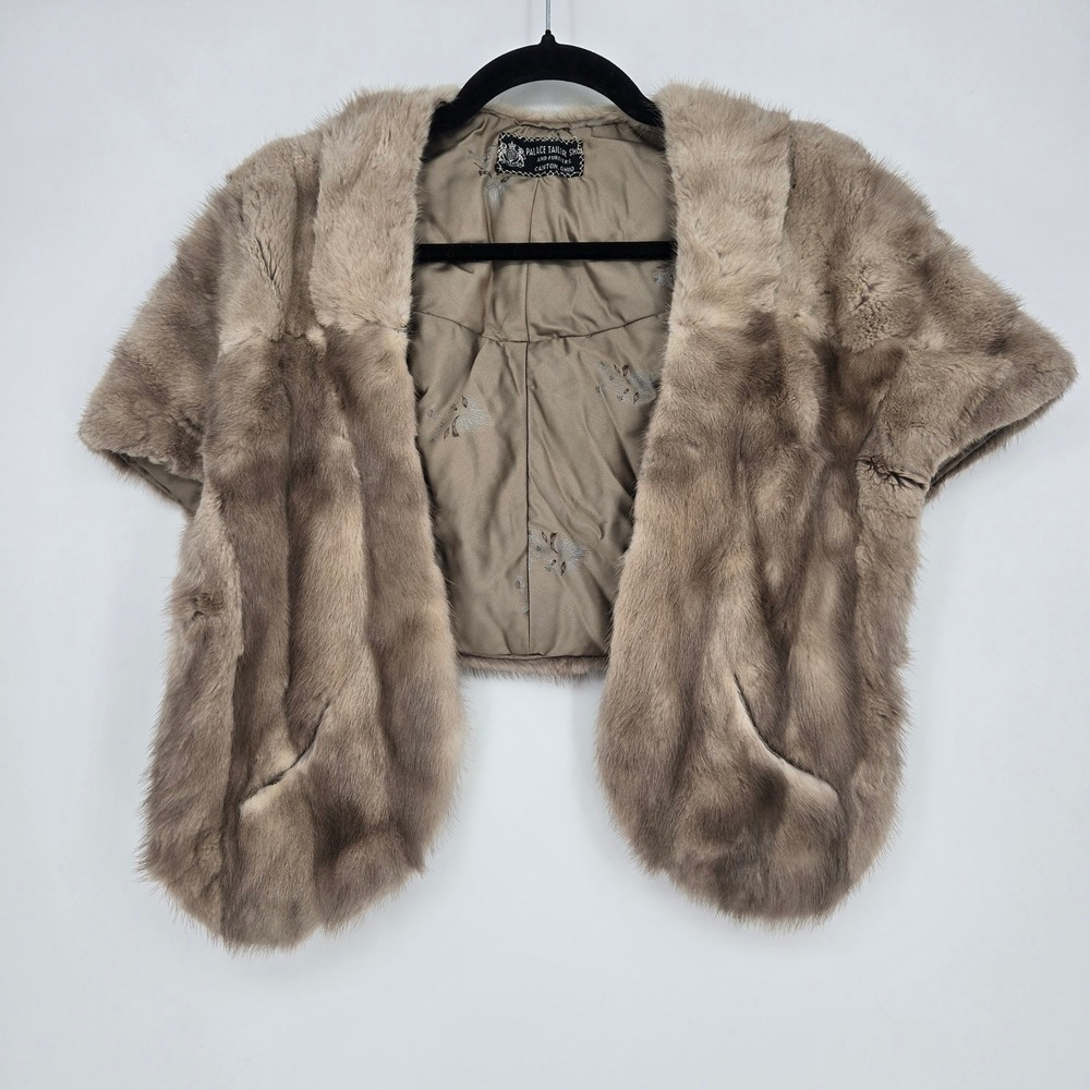 Vintage genuine mink fur shawl with front pockets - light brown, US made